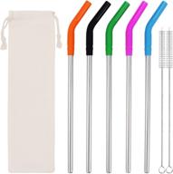 set of 5 silicone tip metal straws – 8mm wide, reusable stainless steel drinking straws with 2 cleaning brushes and portable bag (silver) logo