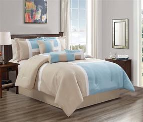 img 1 attached to 💙 Grand Linen 7 Piece Oversize Light Blue/Light Grey/White Patchwork All-Season Comforter Set - Queen Size Microfiber Emma Bedding