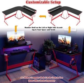 img 2 attached to 🎮 Top-Rated Bestier 51”L-Shaped Gaming Desk with RGB Strip, Ergonomic Design, Shelf, Headset Hook, Cup Holder – Easy Assembly, Red Finish