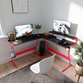 img 3 attached to 🎮 Top-Rated Bestier 51”L-Shaped Gaming Desk with RGB Strip, Ergonomic Design, Shelf, Headset Hook, Cup Holder – Easy Assembly, Red Finish