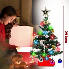 img 3 attached to 🎄 CL FUN Mini Christmas Tree with 20 LED Lights, 24'' Artificial Tabletop DIY Tree, 30 Ornaments on Red Base for Indoor Holiday Decor