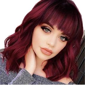 img 4 attached to 🍷 Stylish Stamped Glorious Wine Red Shoulder Length Wig with Bangs - Short Curly Wavy Bob Wigs for Women & Girls