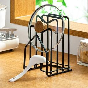 img 1 attached to Полка для разделочной доски "Kitchen Organizer Stand" с пластиковым крючком для крышек посуды - черная, размеры 4.92 x 5.7 x 8.47 дюйма.