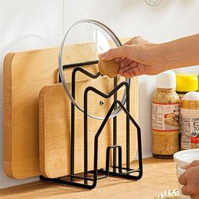 img 3 attached to Полка для разделочной доски "Kitchen Organizer Stand" с пластиковым крючком для крышек посуды - черная, размеры 4.92 x 5.7 x 8.47 дюйма.