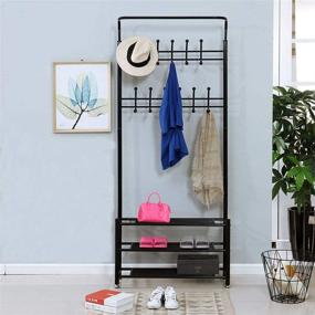 img 1 attached to 👞 Organize Your Entryway with the TXT&BAZ Entryway Coat Rack Shoe Bench: 20 Hooks & 3-Tier Shelves – Metal Black