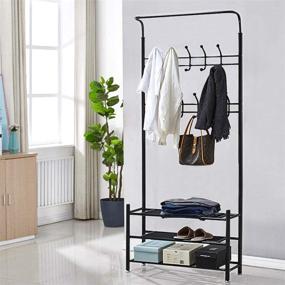 img 2 attached to 👞 Organize Your Entryway with the TXT&BAZ Entryway Coat Rack Shoe Bench: 20 Hooks & 3-Tier Shelves – Metal Black