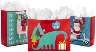 🎁 hallmark christmas gift bag bundle with tissue paper: quirky kids - llamacorn, dinosaur, santa scooter (pack of 3, 1 large 13", 2 extra large 15") - assorted kids bundle - 5xgb4896 logo