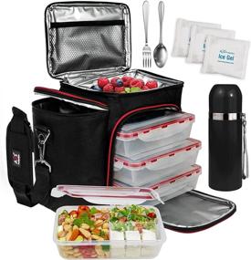 img 4 attached to A2S Complete Meal Prep Lunch Box - Stay Organized with 8-Piece Set: Cooler Bag, Leakproof Portion Control 🍱 Bento Lunch Containers with 3 Compartments, BPA-Free and Microwavable - Includes Fork, Spoon, Thermos, and 2 Ice Gel Packs (Black/Red)