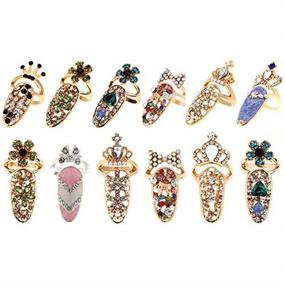 img 1 attached to CosCosX 12-Piece Women's Luxury Fingernail Rings: Fashion Bowknot Knuckle Nail Ring Decorations, Tip Nail Art Charms with Crown, Flower, and Crystal Rhinestones, Enhancing Finger Nail Beauty