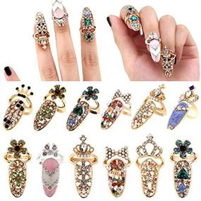 img 2 attached to CosCosX 12-Piece Women's Luxury Fingernail Rings: Fashion Bowknot Knuckle Nail Ring Decorations, Tip Nail Art Charms with Crown, Flower, and Crystal Rhinestones, Enhancing Finger Nail Beauty