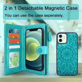 img 2 attached to 💼 Harryshell iPhone 12/12 Pro Wallet Case with Magnetic Zipper and Card Slots - Floral Blue Green