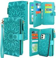 💼 harryshell iphone 12/12 pro wallet case with magnetic zipper and card slots - floral blue green logo