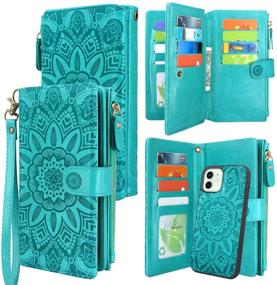 img 4 attached to 💼 Harryshell iPhone 12/12 Pro Wallet Case with Magnetic Zipper and Card Slots - Floral Blue Green