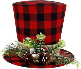 img 3 attached to 🎩 Prsildan Red Black Buffalo Plaid Check Top Hat with Pine Cone Berries and Bells - Christmas Tree Topper, Xmas Snowman Décor, Desktop Ornaments, Holiday Home Decorations