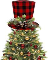 🎩 prsildan red black buffalo plaid check top hat with pine cone berries and bells - christmas tree topper, xmas snowman décor, desktop ornaments, holiday home decorations logo