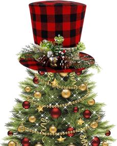 img 4 attached to 🎩 Prsildan Red Black Buffalo Plaid Check Top Hat with Pine Cone Berries and Bells - Christmas Tree Topper, Xmas Snowman Décor, Desktop Ornaments, Holiday Home Decorations