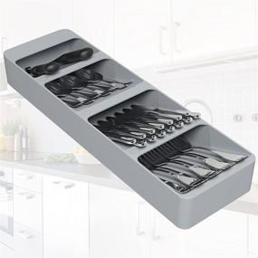 img 3 attached to HOTEC Kitchen Drawer Organizer Tray - Silverware Cutlery Spoon Knife Fork Storage Box - Grey