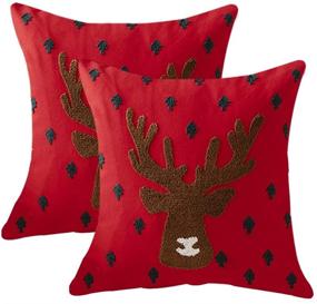 img 4 attached to SofaMATE 2 Pack Christmas Pillow Covers - Farmhouse Canvas Cotton Embroidered Reindeer Decorative Throw Pillows Square Cushion Pillowcase for Sofa Couch Bedroom Christmas Decor - 18 x 18 inch, Red