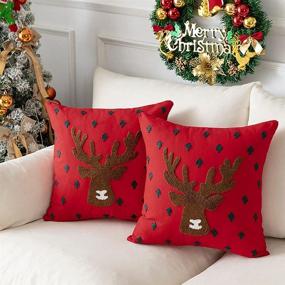 img 3 attached to SofaMATE 2 Pack Christmas Pillow Covers - Farmhouse Canvas Cotton Embroidered Reindeer Decorative Throw Pillows Square Cushion Pillowcase for Sofa Couch Bedroom Christmas Decor - 18 x 18 inch, Red