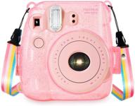 📷 wolven crystal camera case with adjustable rainbow shoulder strap - compatible with fujifilm instax mini 8, mini 8+, and mini 9 cameras - pink crystal logo