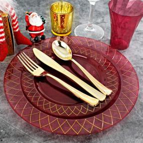 img 2 attached to 🎄 Nervure 150PCS Clear Red Disposable Plastic Plates with Gold Rim &amp; Gold Plastic Silverware Set - Includes 50 Plates, 25 Knives, 25 Forks, 25 Spoons, 25 Cups - Ideal for Christmas Celebration