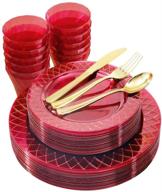 🎄 nervure 150pcs clear red disposable plastic plates with gold rim &amp; gold plastic silverware set - includes 50 plates, 25 knives, 25 forks, 25 spoons, 25 cups - ideal for christmas celebration logo