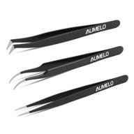 👁️ aumelo eyelash extension tweezers - 3 pcs professional stainless steel precision lash tweezers set for beauty enhancements - perfectly aligned pointy ends, black logo