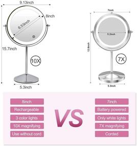 img 2 attached to 💄 Rechargeable Lighted Makeup Vanity Mirror: 8 Inch Double Sided, 10X Magnification, 3 Colors Lighting, Touch Sensor Dimming, 360 Degree Swivel, Cordless Design