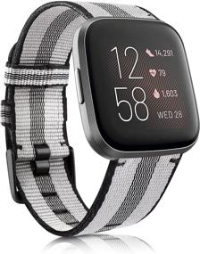 img 4 attached to Текстильный ремешок для Fitbit Versa Series - удобный и стильный, подходит как для мужчин, так и для женщин - большой, серый с черным