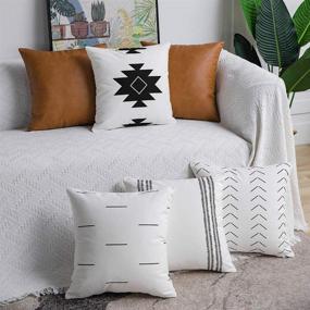 img 4 attached to 🛋️ DEZENE Decorative Throw Pillow Covers 6-Piece Set: Modern Boho Square Cotton and Faux Leather Cases for Home Decor Living Room Farmhouse Sofa Couch - 18x18 inch, White/Black/Brown