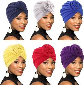 img 4 attached to Stylish Women Turban African Pattern Knot Headwrap Beanie Pre-Tied Bonnet - Ideal Hair Loss Hat (4Pack/6Packs)