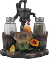 🐓 country kitchen rooster decor: farm chicken & old fashioned water pump glass salt and pepper shaker set with holder figurine - sculptures, statues, and rustic gifts for farmers logo