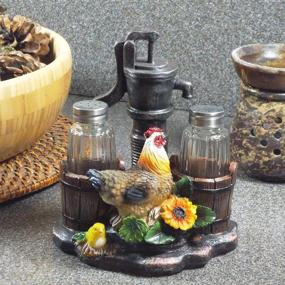 img 3 attached to 🐓 Country Kitchen Rooster Decor: Farm Chicken & Old Fashioned Water Pump Glass Salt and Pepper Shaker Set with Holder Figurine - Sculptures, Statues, and Rustic Gifts for Farmers