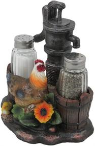 img 2 attached to 🐓 Country Kitchen Rooster Decor: Farm Chicken & Old Fashioned Water Pump Glass Salt and Pepper Shaker Set with Holder Figurine - Sculptures, Statues, and Rustic Gifts for Farmers