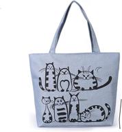 🐱 stylish blue medium-sized women's shoulder bag – cute cartoon cat print canvas design, zipper closure – ideal for casual tote shopping or handbag use logo