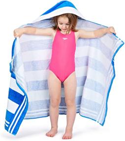 img 2 attached to XL Kids & Toddlers Hooded Beach Towel with Drawstring Carry Bag - Classic Cabana Stripe, Ocean Blue - 100% Cotton - Ages 3 to 10 - Bath & Pool Hooded kids Towel