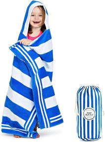 img 4 attached to XL Kids & Toddlers Hooded Beach Towel with Drawstring Carry Bag - Classic Cabana Stripe, Ocean Blue - 100% Cotton - Ages 3 to 10 - Bath & Pool Hooded kids Towel