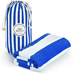 img 3 attached to XL Kids & Toddlers Hooded Beach Towel with Drawstring Carry Bag - Classic Cabana Stripe, Ocean Blue - 100% Cotton - Ages 3 to 10 - Bath & Pool Hooded kids Towel