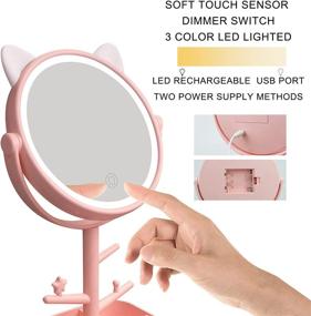 img 4 attached to 💄 Portable High Definition Vanity Mirror with Lights, Desk Mirror Lights, Touch-Screen Control, 360° Rotation, USB Port - Pink