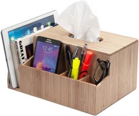 img 4 attached to 📱 Bamboo Tissue Box Holder & Tablet Stand Organizer: Multiple Compartments for iPad, Phones, Remote Controls, Glasses, Notepads & Pens - Perfect for Bedroom & Desktop