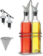 🍶 dwëllza kitchen glass oil and vinegar dispenser set with funnel & 2 extra hygienic open and close spouts - olive oil bottle dispenser for kitchen - 17-oz olive oil dispenser bottle with rack caddy logo