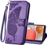 pu leather wallet flip case for samsung galaxy a32 5g, protective phone cover with wrist strap, card slots, holder pocket, embossed butterfly flower stand - purple logo