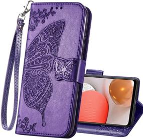 img 4 attached to PU Leather Wallet Flip Case for Samsung Galaxy A32 5G, Protective Phone Cover with Wrist Strap, Card Slots, Holder Pocket, Embossed Butterfly Flower Stand - Purple