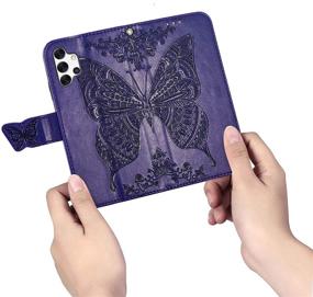 img 2 attached to PU Leather Wallet Flip Case for Samsung Galaxy A32 5G, Protective Phone Cover with Wrist Strap, Card Slots, Holder Pocket, Embossed Butterfly Flower Stand - Purple