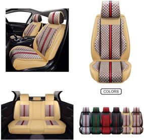 img 4 attached to 🚗 OASIS AUTO Leather and Fabric Car Seat Covers, Faux Leatherette Automotive Vehicle Cushion Cover Set for Cars SUV Pick-up Truck - Universal Fit, Interior Car Accessories (OS-007 Full Set, TAN)