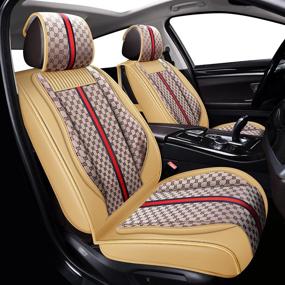 img 2 attached to 🚗 OASIS AUTO Leather and Fabric Car Seat Covers, Faux Leatherette Automotive Vehicle Cushion Cover Set for Cars SUV Pick-up Truck - Universal Fit, Interior Car Accessories (OS-007 Full Set, TAN)