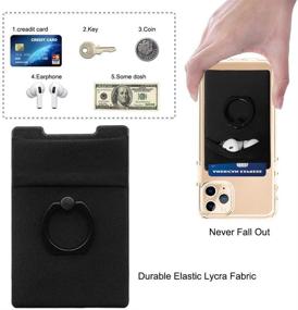 img 2 attached to 📱 CLARKCAS Phone Wallet Stick On - 5 in 1 Cell Phone Credit Card Holder with RFID Blocking, Stretchy Lycra Wallet Pocket, Finger Ring Holder, Kickstand Metal Plate, Double Pocket Sleeve (Black)