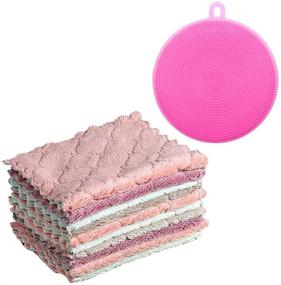 img 4 attached to Premium Kitchen Cloth Dish Towels 10 Pack with Silicone Dish Brush - Super Absorbent Coral Velvet Dishtowels, Nonstick Oil Washable Fast Drying Cleaning Rags 10 inch x 10 inch