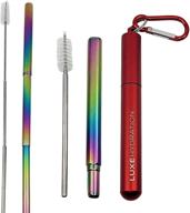 🌈 luxe hydration rainbow stainless steel telescopic metal straw with key chain case - reusable, collapsible, portable drinking straw, cleaning brush, and travel (red) logo