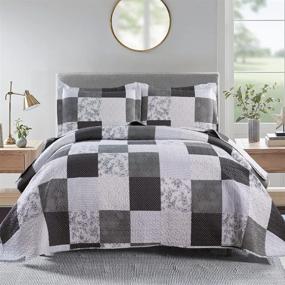 img 3 attached to Ycosy Plaid Quilt Set - Dreamy Floral Bedding for Full/Queen Size Beds - Lightweight Summer Coverlet in Grey/White/Black - Includes 1 Quilt + 2 Pillow Shams